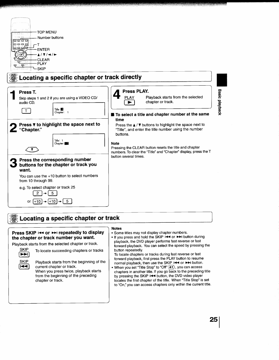 Locating a specific chapter or track directly, Press t, Press t to highlight the space next to “chapter | Press play, Locating a specific chapter or track | Toshiba SD-1200U User Manual | Page 25 / 47