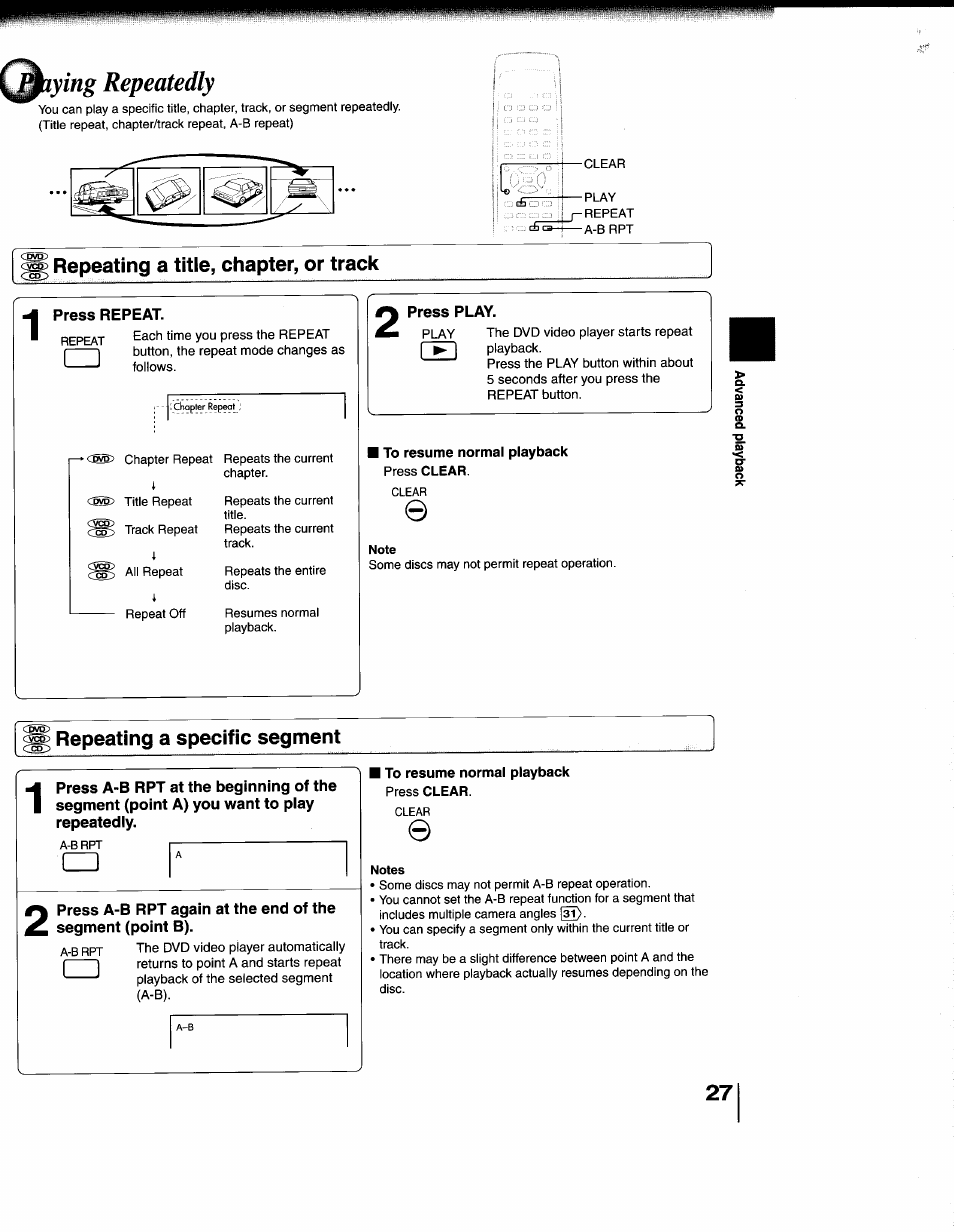 Repeating a title, chapter, or track, Press repeat, To resume normal playback | Repeating a specific segment, Lying repeatedly | Toshiba SD-1200U User Manual | Page 27 / 47