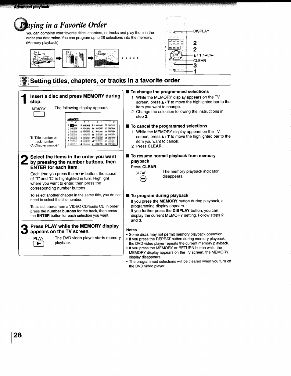 Lying in a favorite order, Insert a disc and press memory during stop, Playing in a favorite order | Setting titles, chapters, or tracks in a favorite, Order | Toshiba SD-1200U User Manual | Page 28 / 47