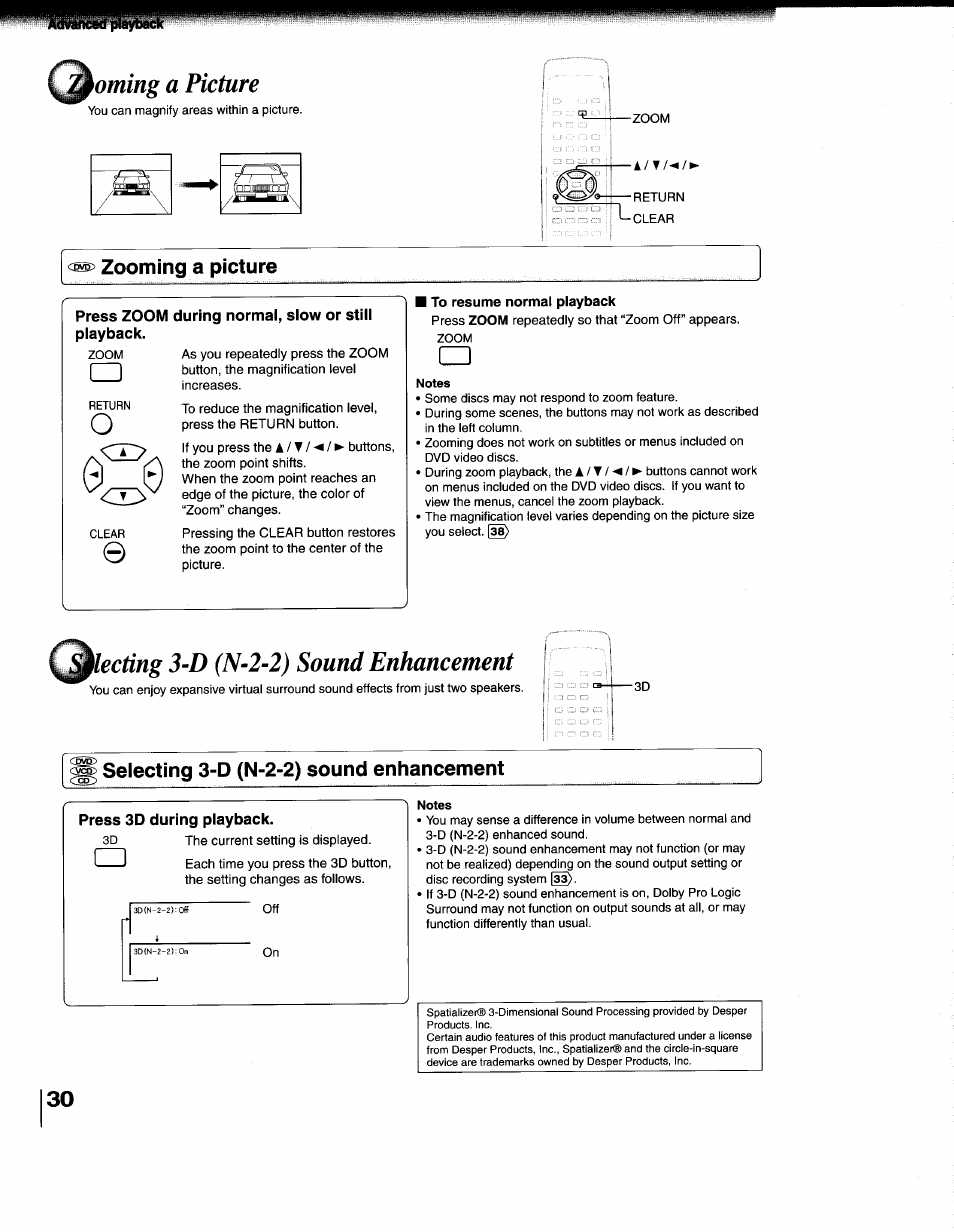 Oming a picture, Zooming a picture, To resume normal playback | Iecting 3-d (n-2-2) sound enhancement, Seiecting 3-d (n-2-2) sound enhancement, Press 3d during playback | Toshiba SD-1200U User Manual | Page 30 / 47