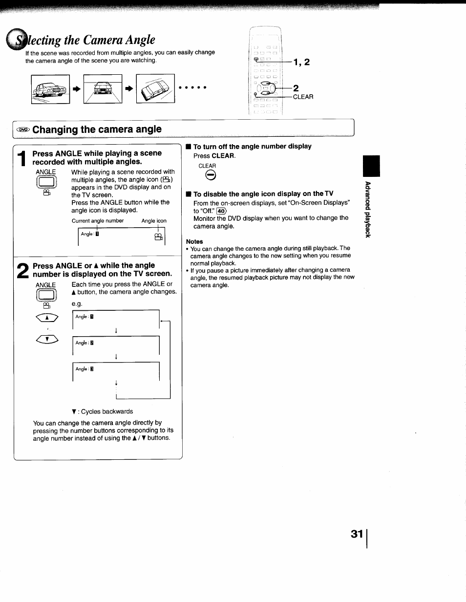 Electing the camera angle, Changing the camera angle, Selecting the camera angle | Toshiba SD-1200U User Manual | Page 31 / 47