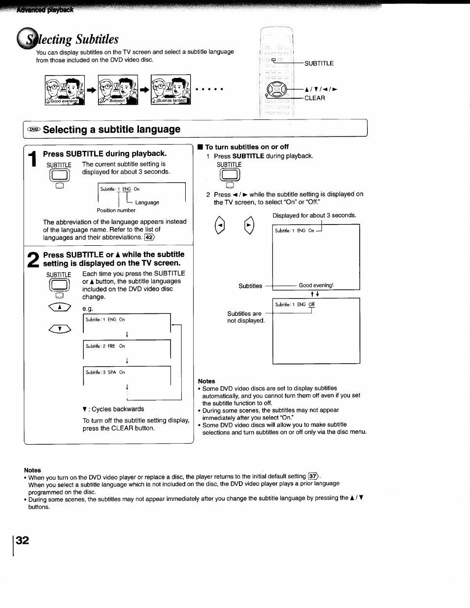 Selecting a subtitle language, Press subtitle during playback, Selecting a subtitie language | Iecting subtitles | Toshiba SD-1200U User Manual | Page 32 / 47