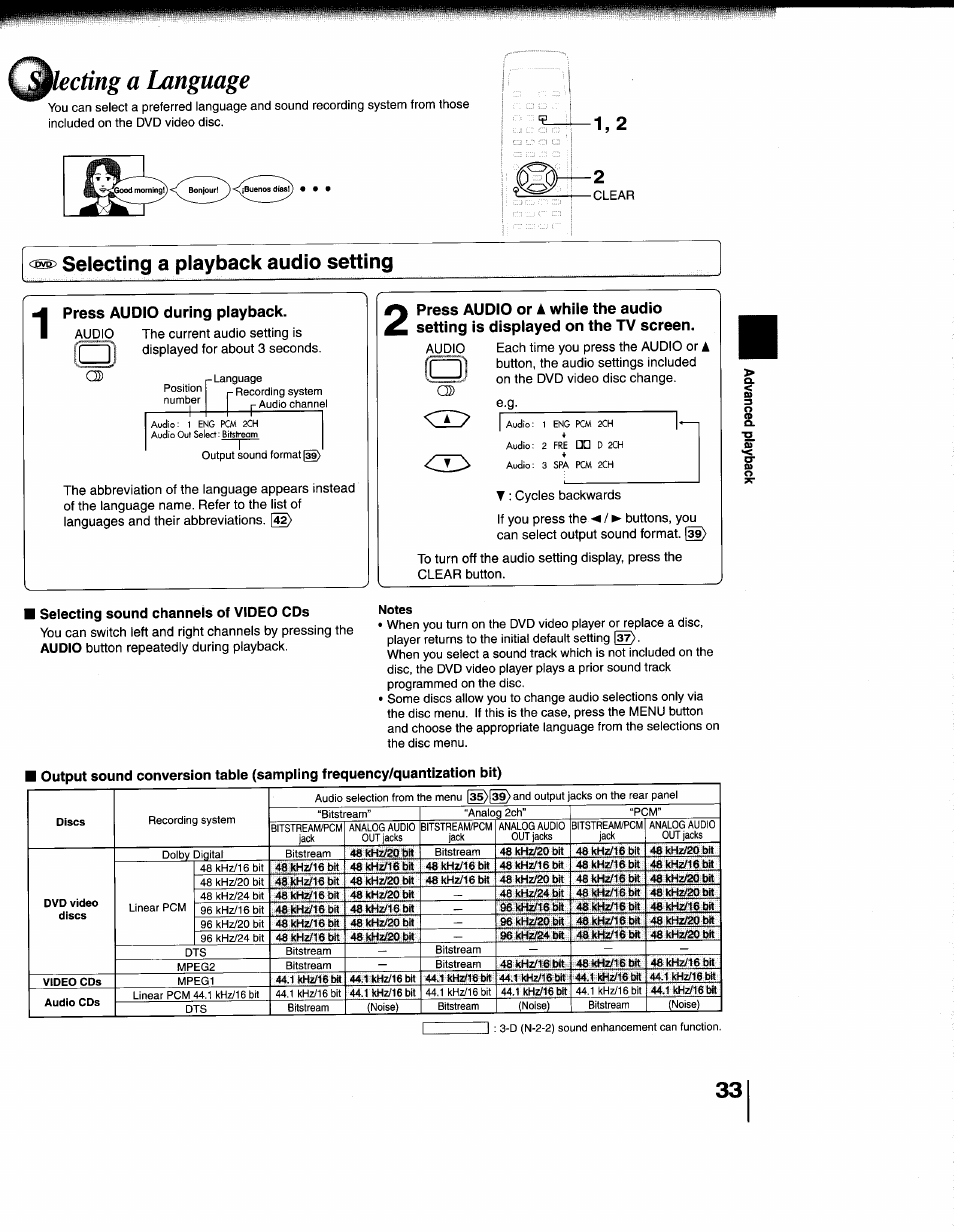 Ctìng а language, Cpvcd selecting a playback audio setting, Press audio during playback | Selecting a playback audio setting | Toshiba SD-1200U User Manual | Page 33 / 47