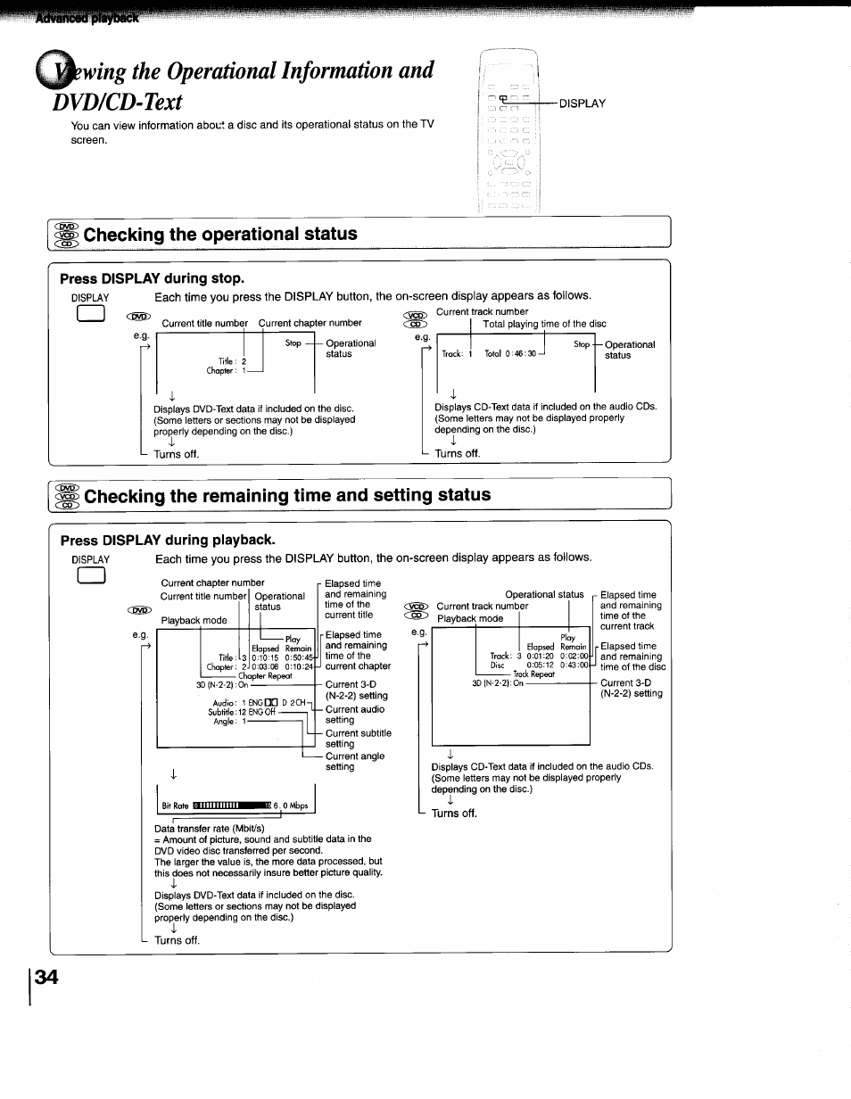 Wing the operational information and dydicd-text, Checking the operational status, Press display during stop | Checking the remaining time and setting status, Press display during playback, Checking the remaining time and setting, Status | Toshiba SD-1200U User Manual | Page 34 / 47