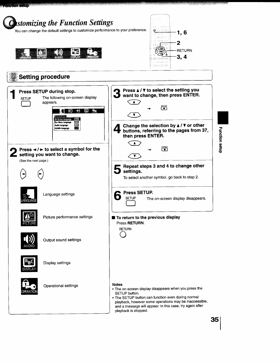 Stomizing the function settings, Setting procedure, Press setup during stop | Press setup, Customizing the function settings, 3,4 ^ setting procedure | Toshiba SD-1200U User Manual | Page 35 / 47