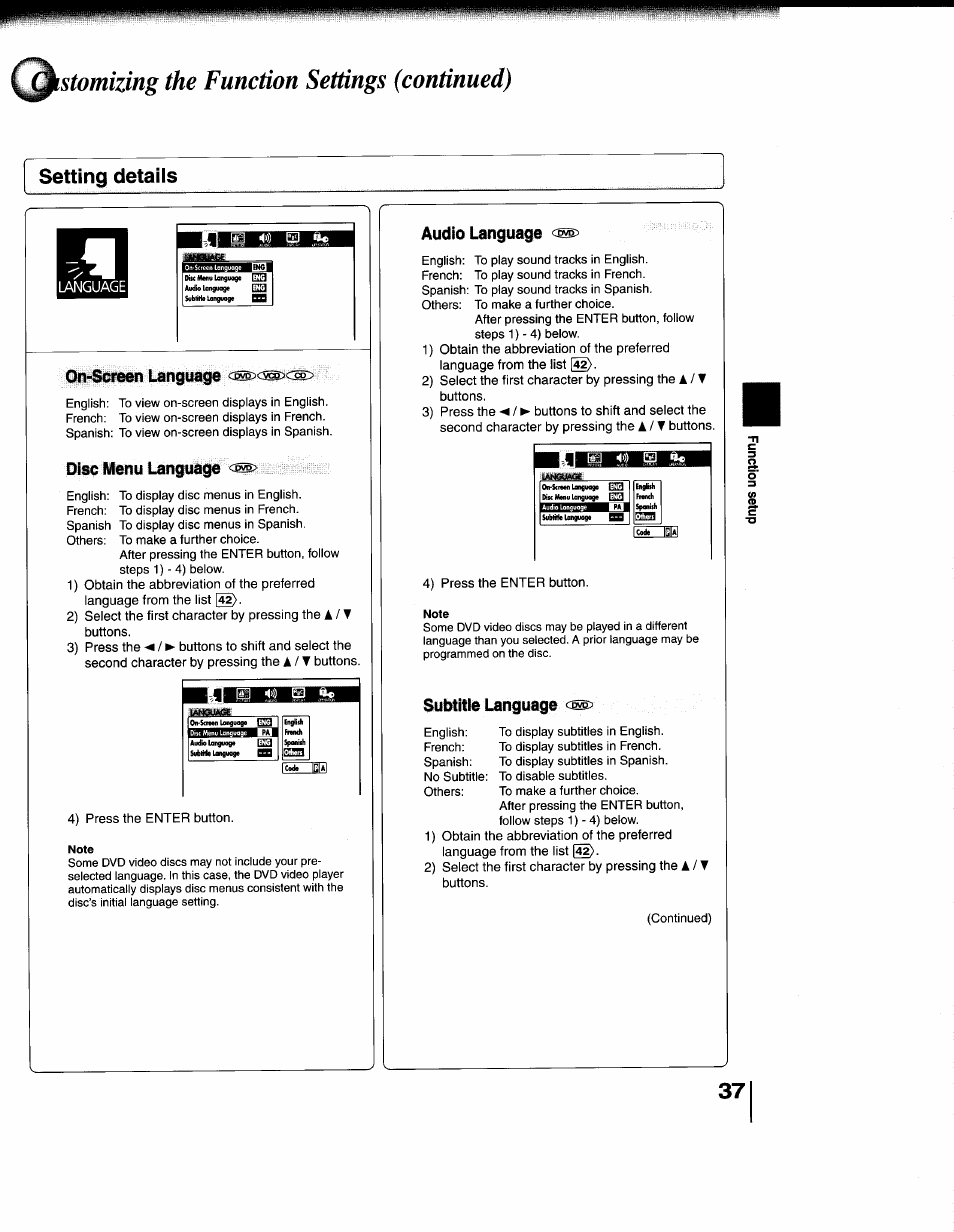 Setting details, On-screen language, Disc menu l^nguip | Audio language <m, Sumitle langu^e, Uskhibk, Stomizins the function settings (continued), Setting details on-screen language | Toshiba SD-1200U User Manual | Page 37 / 47