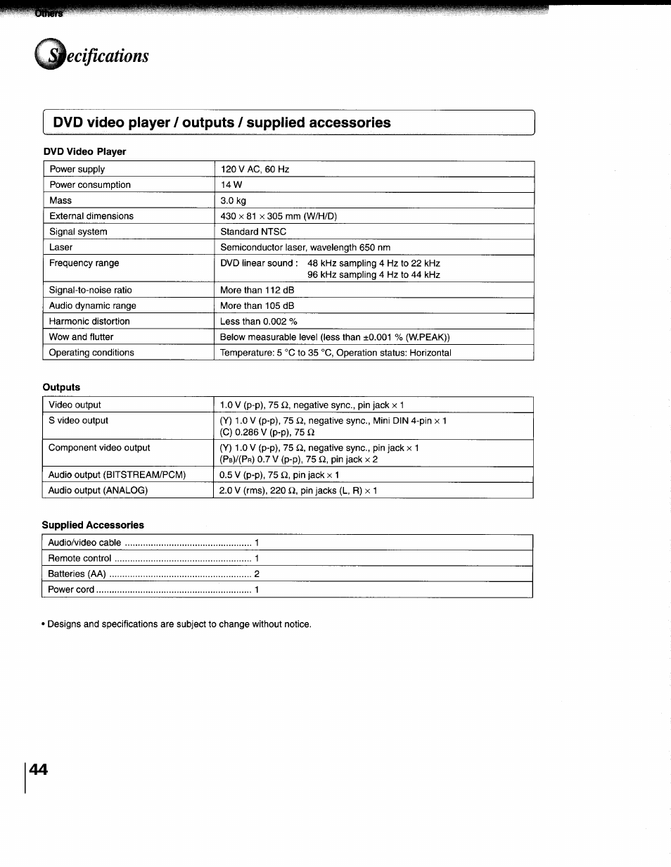 Dvd video player / outputs / supplied accessories, Ecifications | Toshiba SD-1200U User Manual | Page 44 / 47