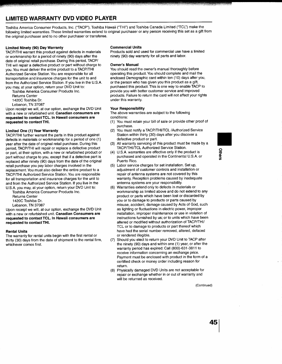 Limited warranty dvd video player | Toshiba SD-1200U User Manual | Page 45 / 47