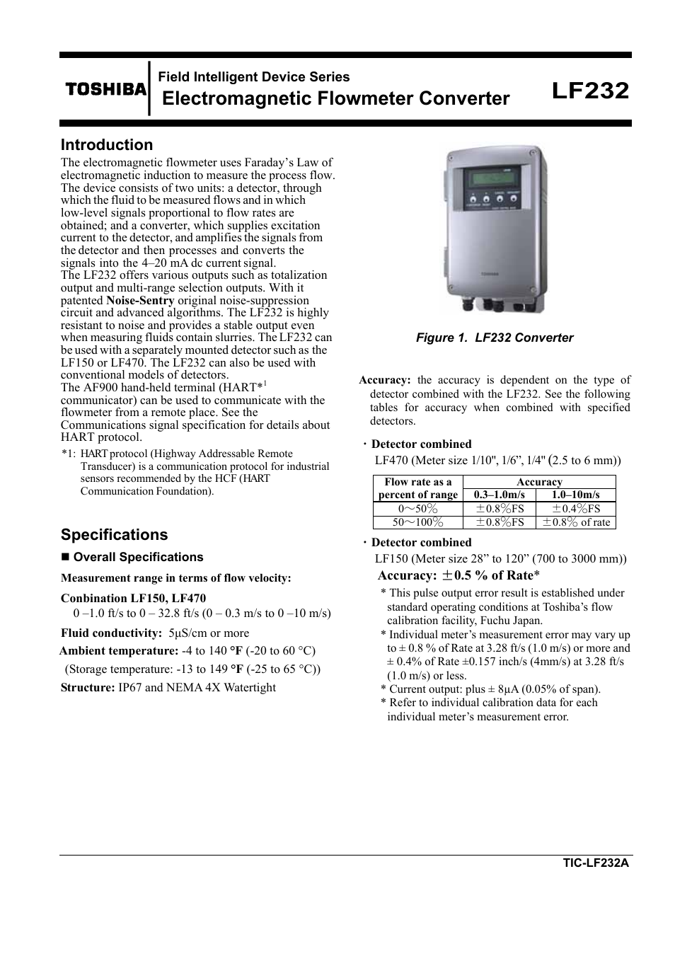 Toshiba Electromagnetic Flowmeter Converter TIC-LF232A User Manual | 8 pages