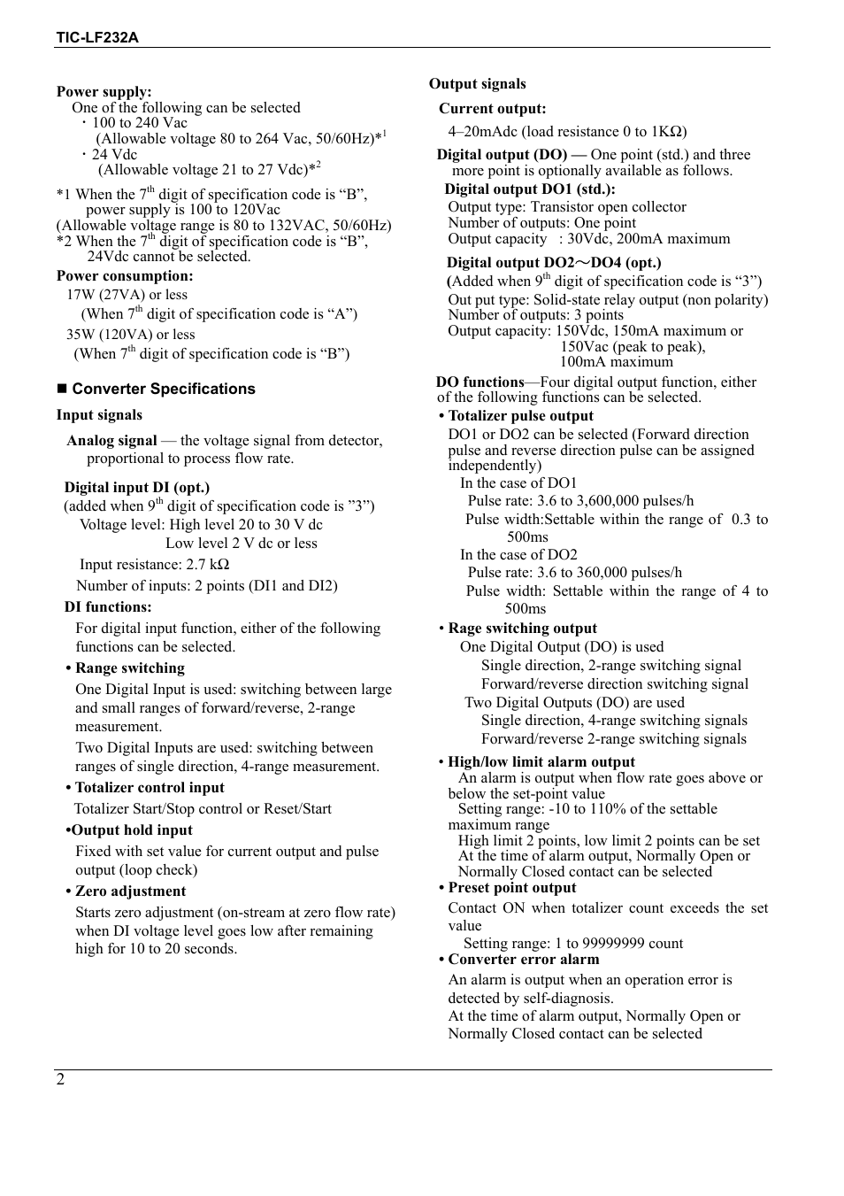 Toshiba Electromagnetic Flowmeter Converter TIC-LF232A User Manual | Page 2 / 8
