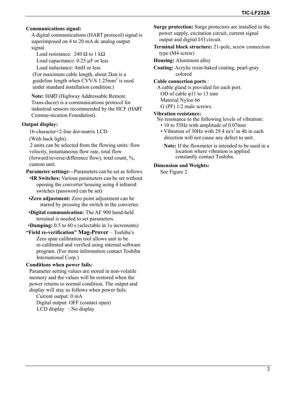 Toshiba Electromagnetic Flowmeter Converter TIC-LF232A User Manual | Page 3 / 8
