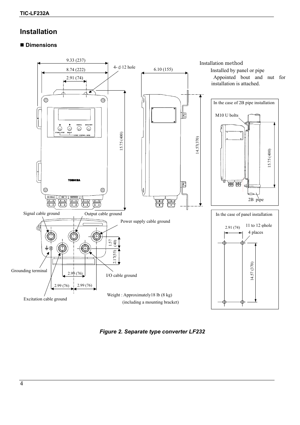 Installation, Dimensions, Figure 2. separate type converter lf232 | Toshiba Electromagnetic Flowmeter Converter TIC-LF232A User Manual | Page 4 / 8