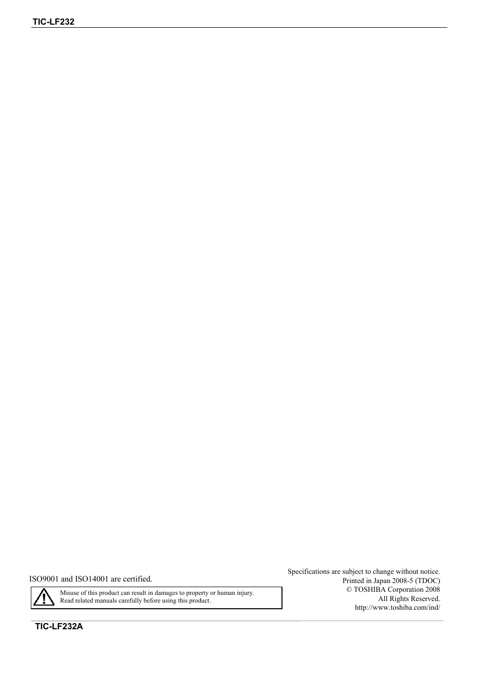 Toshiba Electromagnetic Flowmeter Converter TIC-LF232A User Manual | Page 8 / 8