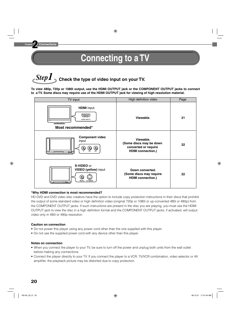 Connecting to a tv, Step | Toshiba HD-A2WKU User Manual | Page 20 / 72