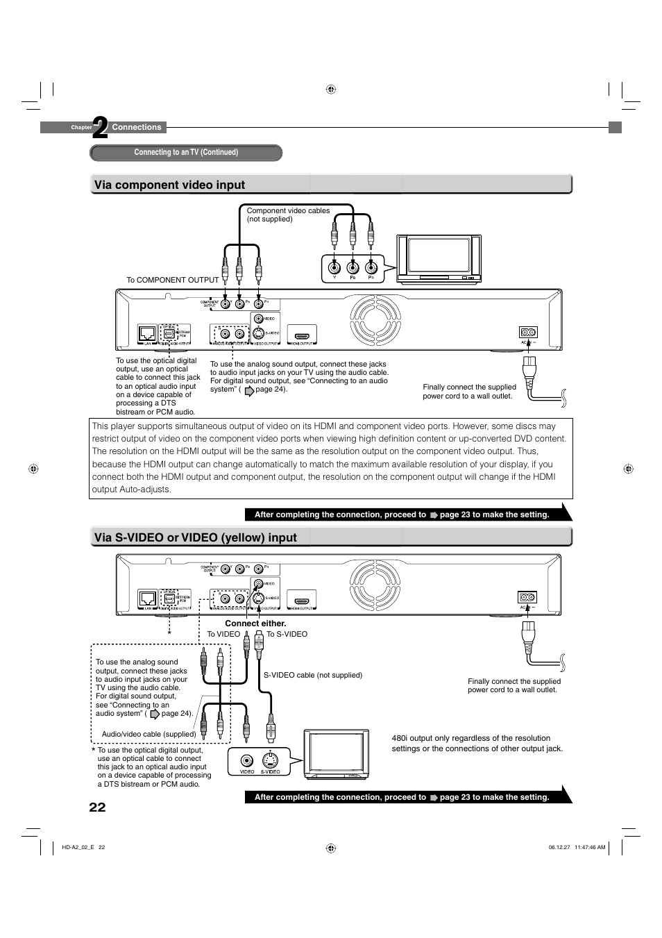 Via component video input, Via s-video or video (yellow) input | Toshiba HD-A2WKU User Manual | Page 22 / 72