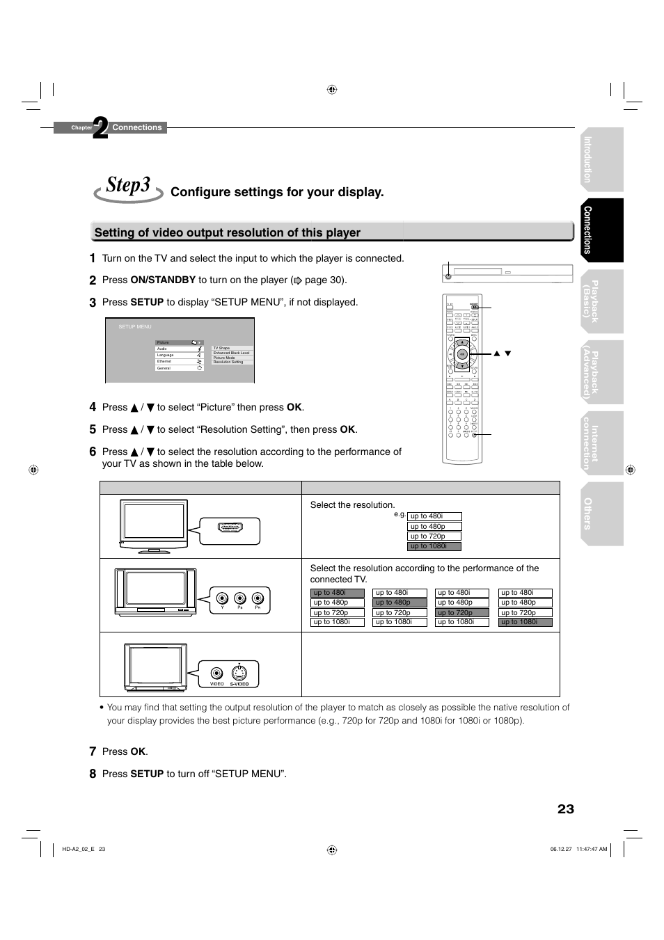 Step3, Confi gure settings for your display, Setting of video output resolution of this player | Toshiba HD-A2WKU User Manual | Page 23 / 72