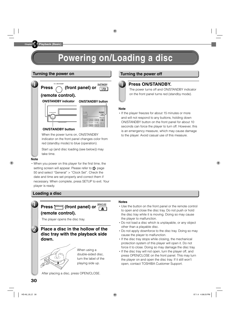 Powering on/loading a disc | Toshiba HD-A2WKU User Manual | Page 30 / 72