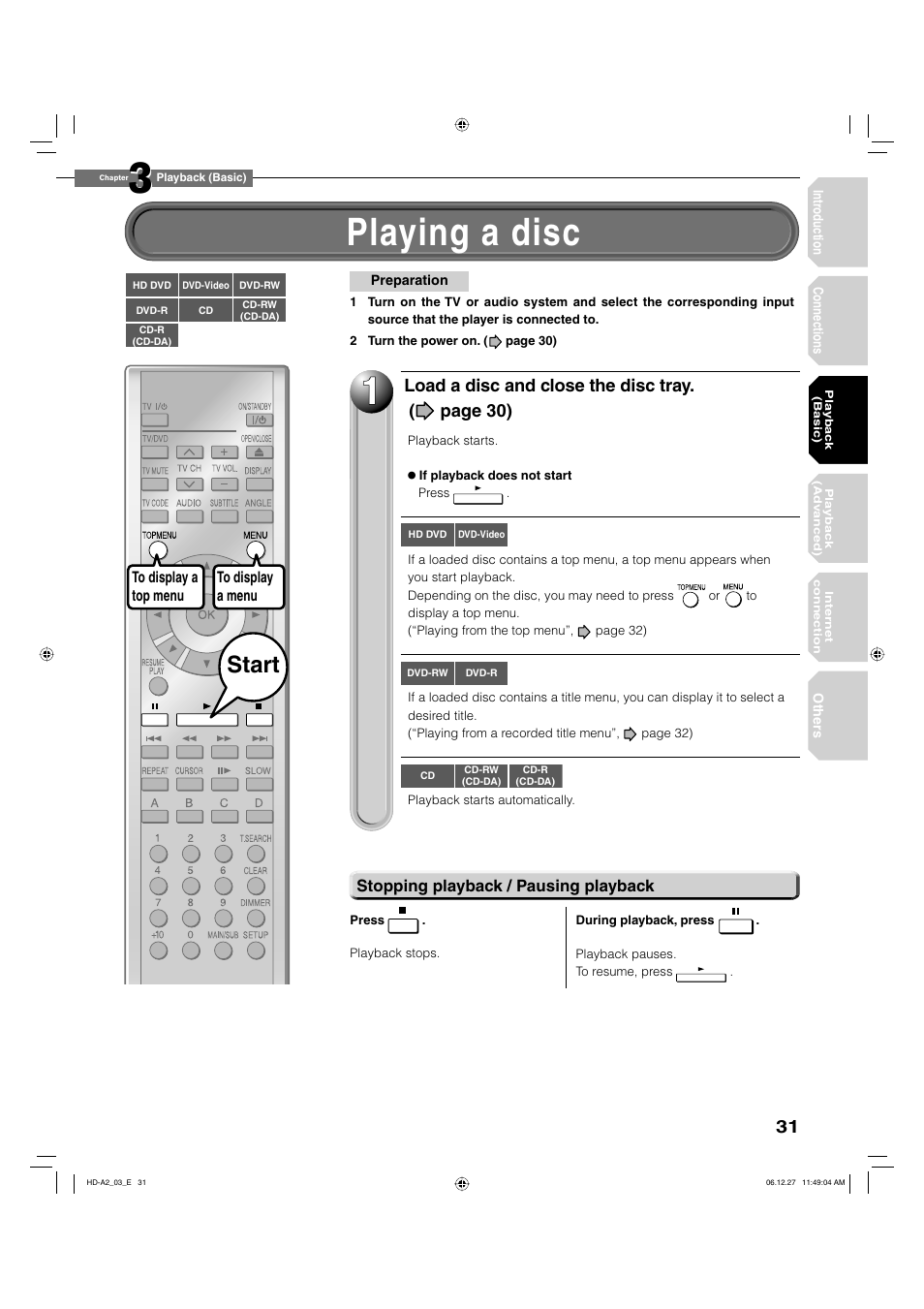 Playing a disc, Start, Load a disc and close the disc tray. ( page 30) | Toshiba HD-A2WKU User Manual | Page 31 / 72