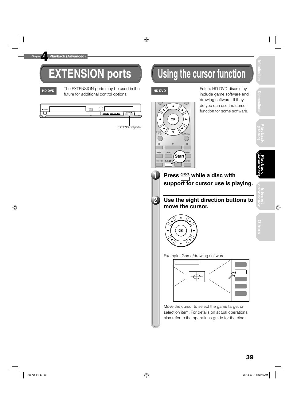 Extension ports, Using the cursor function | Toshiba HD-A2WKU User Manual | Page 39 / 72