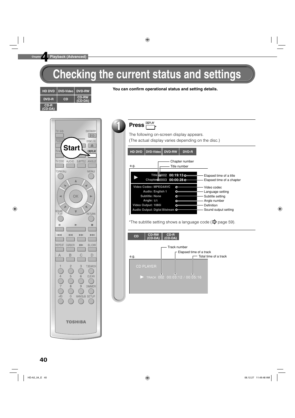 Checking the current status and settings, Start, Press | Toshiba HD-A2WKU User Manual | Page 40 / 72