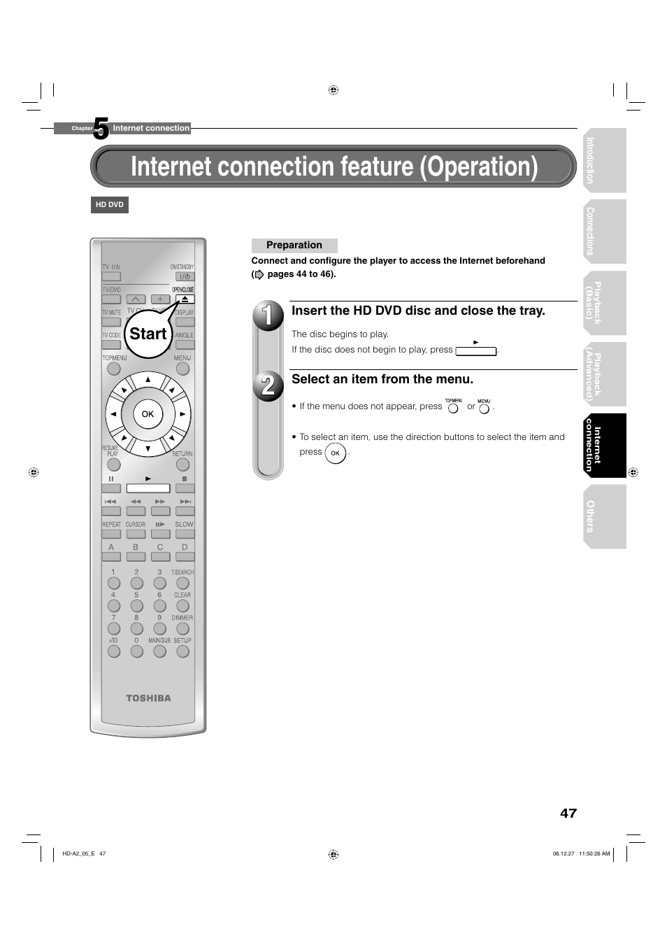 Internet connection feature (operation), Start | Toshiba HD-A2WKU User Manual | Page 47 / 72