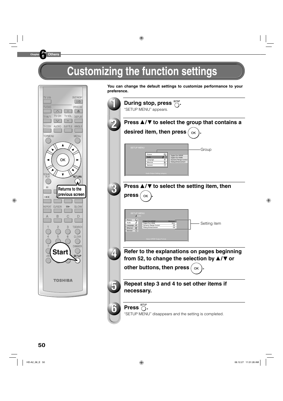 Customizing the function settings, Start | Toshiba HD-A2WKU User Manual | Page 50 / 72