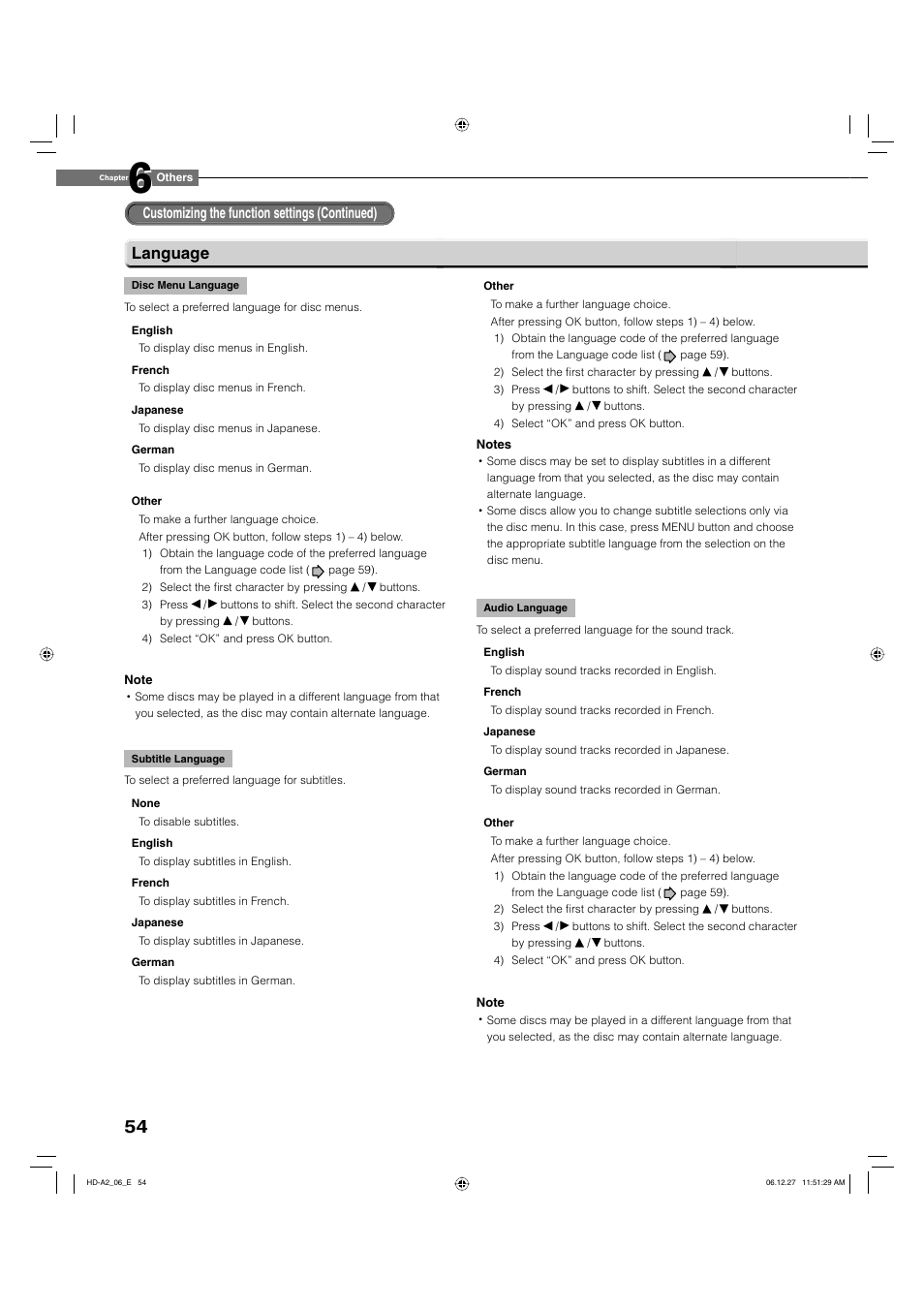 Language | Toshiba HD-A2WKU User Manual | Page 54 / 72