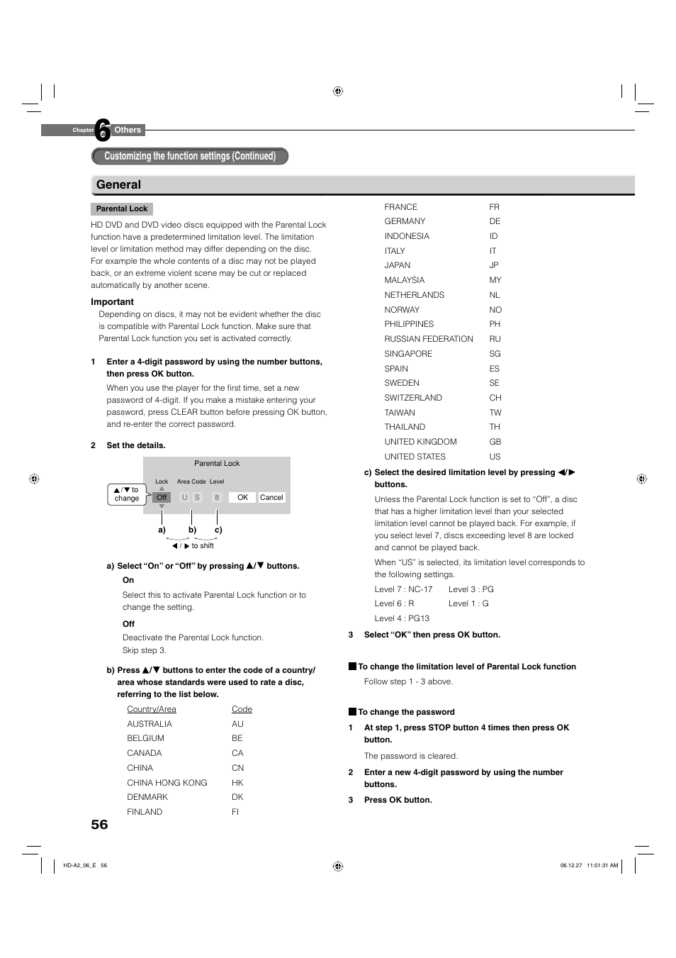 General, Customizing the function settings (continued) | Toshiba HD-A2WKU User Manual | Page 56 / 72