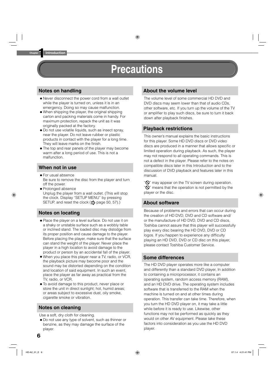 Precautions | Toshiba HD-A2WKU User Manual | Page 6 / 72