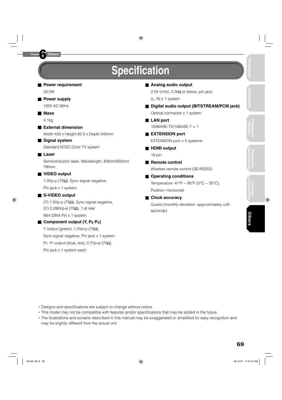 Specifi cation | Toshiba HD-A2WKU User Manual | Page 69 / 72