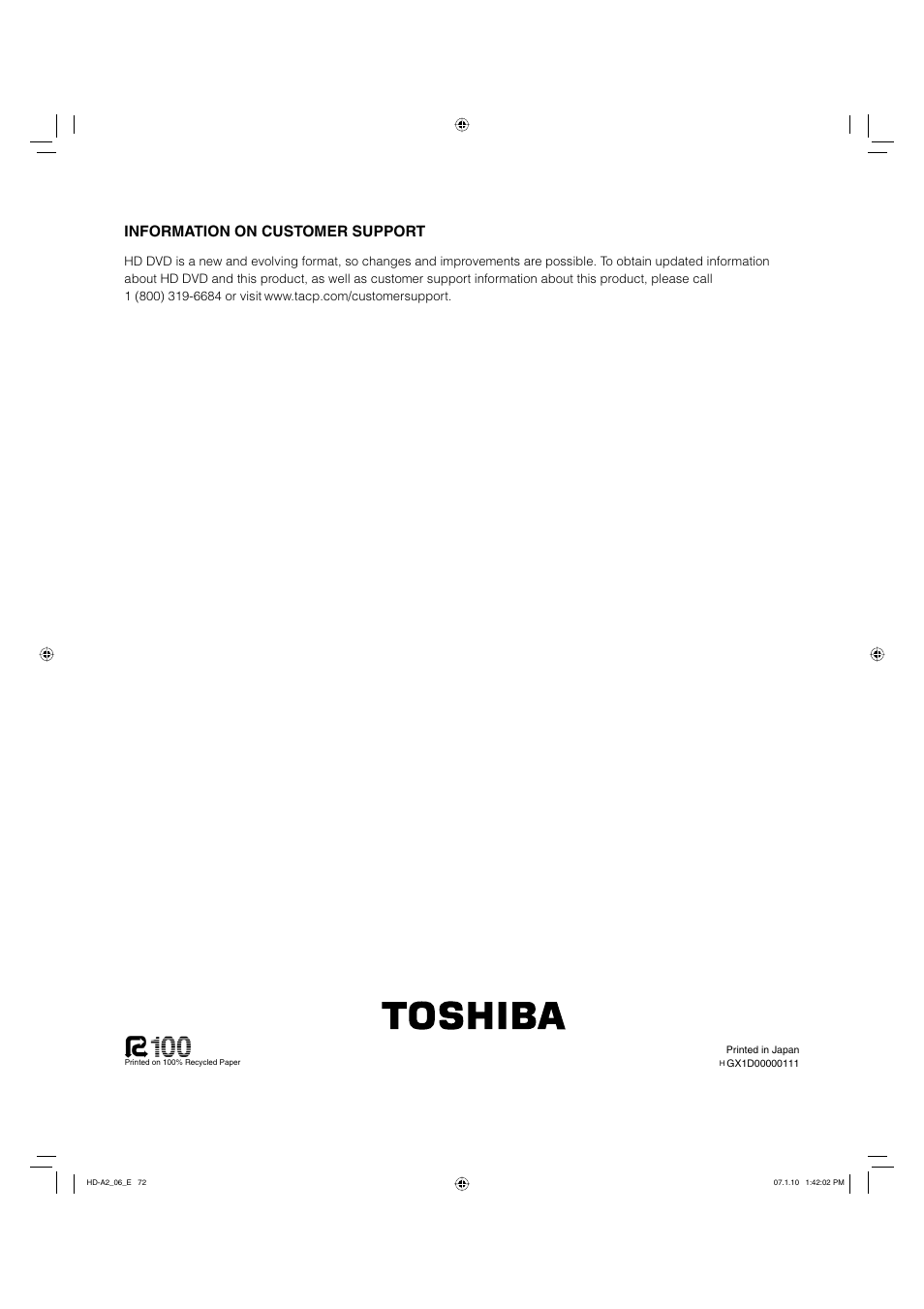 Information on customer support | Toshiba HD-A2WKU User Manual | Page 72 / 72