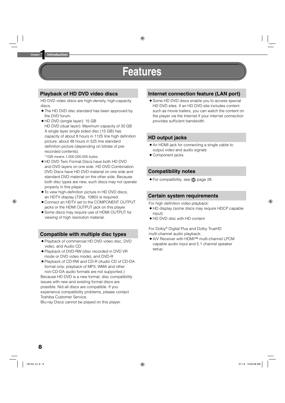 Features | Toshiba HD-A2WKU User Manual | Page 8 / 72