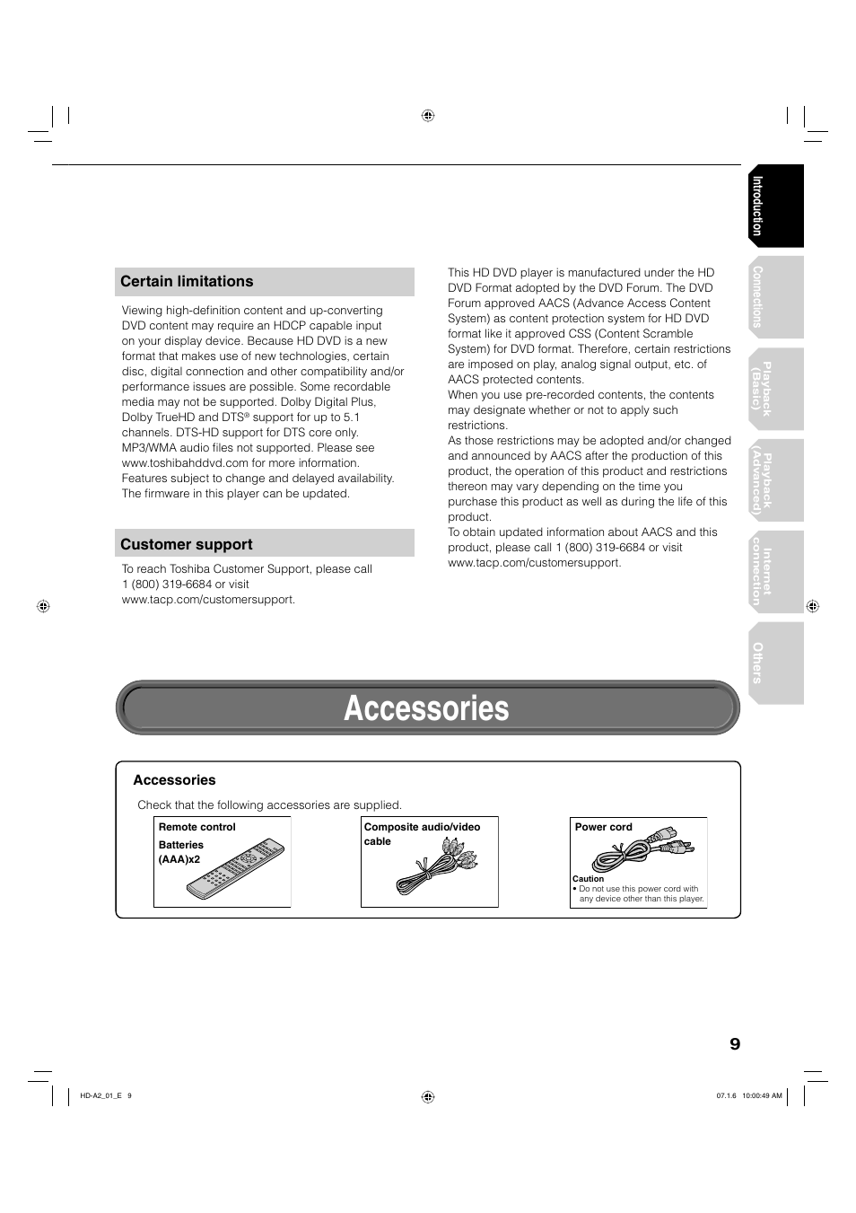 Accessories, Certain limitations, Customer support | Toshiba HD-A2WKU User Manual | Page 9 / 72