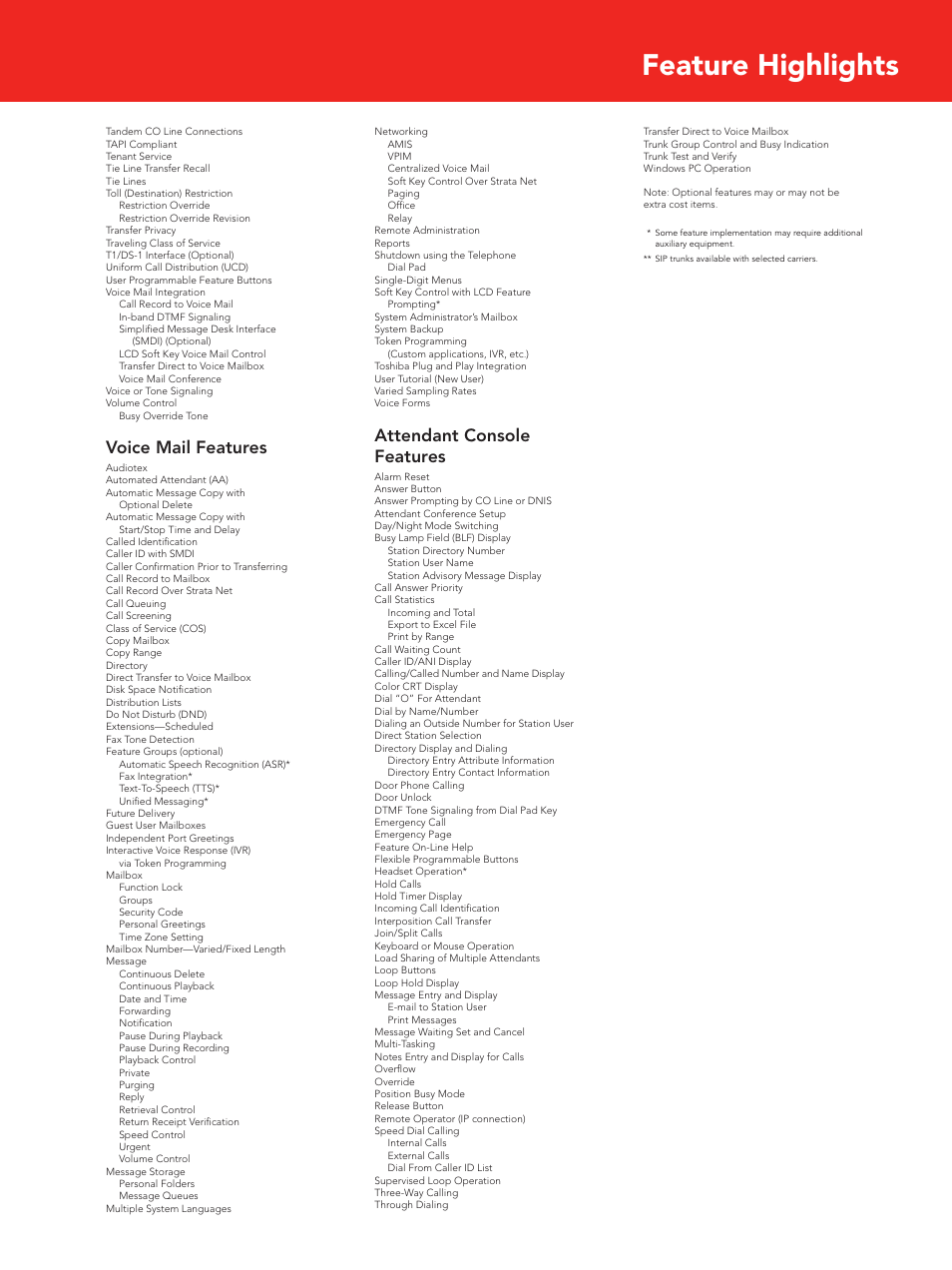 Feature highlights, Voice mail features, Attendant console features | Toshiba iES32 User Manual | Page 9 / 12