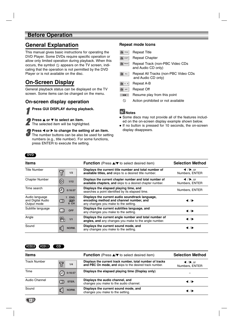 Before operation, General explanation - on-screen display, Before operation general explanation | On-screen display, On-screen display operation | Toshiba SD-K615 User Manual | Page 12 / 30