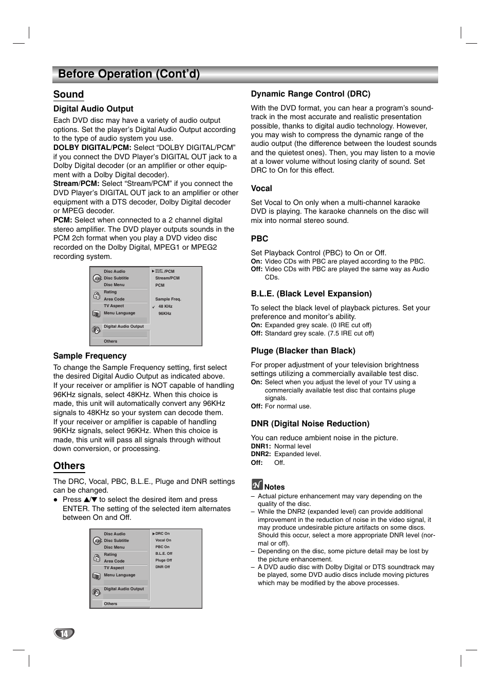 Before operation (cont’d), Sound, Others | Digital audio output, Sample frequency, Dynamic range control (drc), Vocal, B.l.e. (black level expansion), Pluge (blacker than black), Dnr (digital noise reduction) | Toshiba SD-K615 User Manual | Page 14 / 30