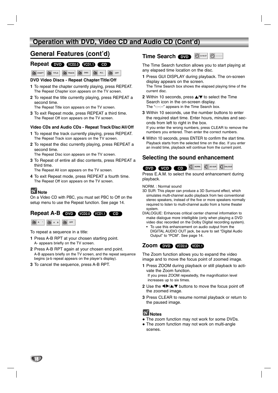 Repeat, Repeat a-b, Time search | Selecting the sound enhancement, Zoom | Toshiba SD-K615 User Manual | Page 18 / 30