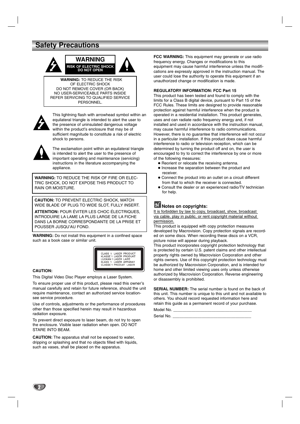 Safety precautions, Warning | Toshiba SD-K615 User Manual | Page 2 / 30