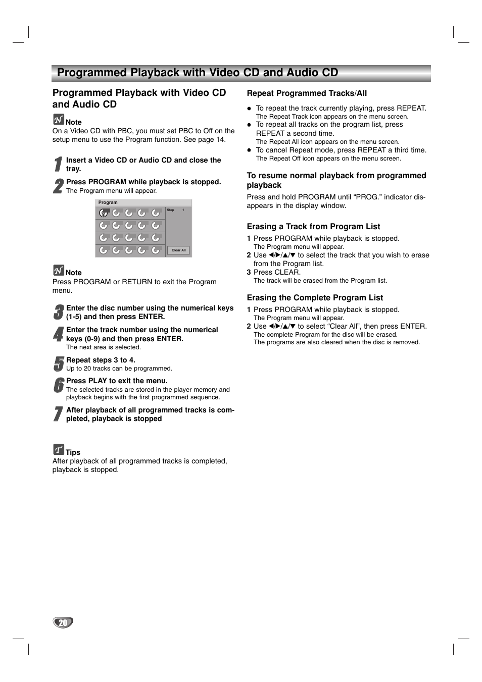 Programmed playback with video cd and audio cd | Toshiba SD-K615 User Manual | Page 20 / 30