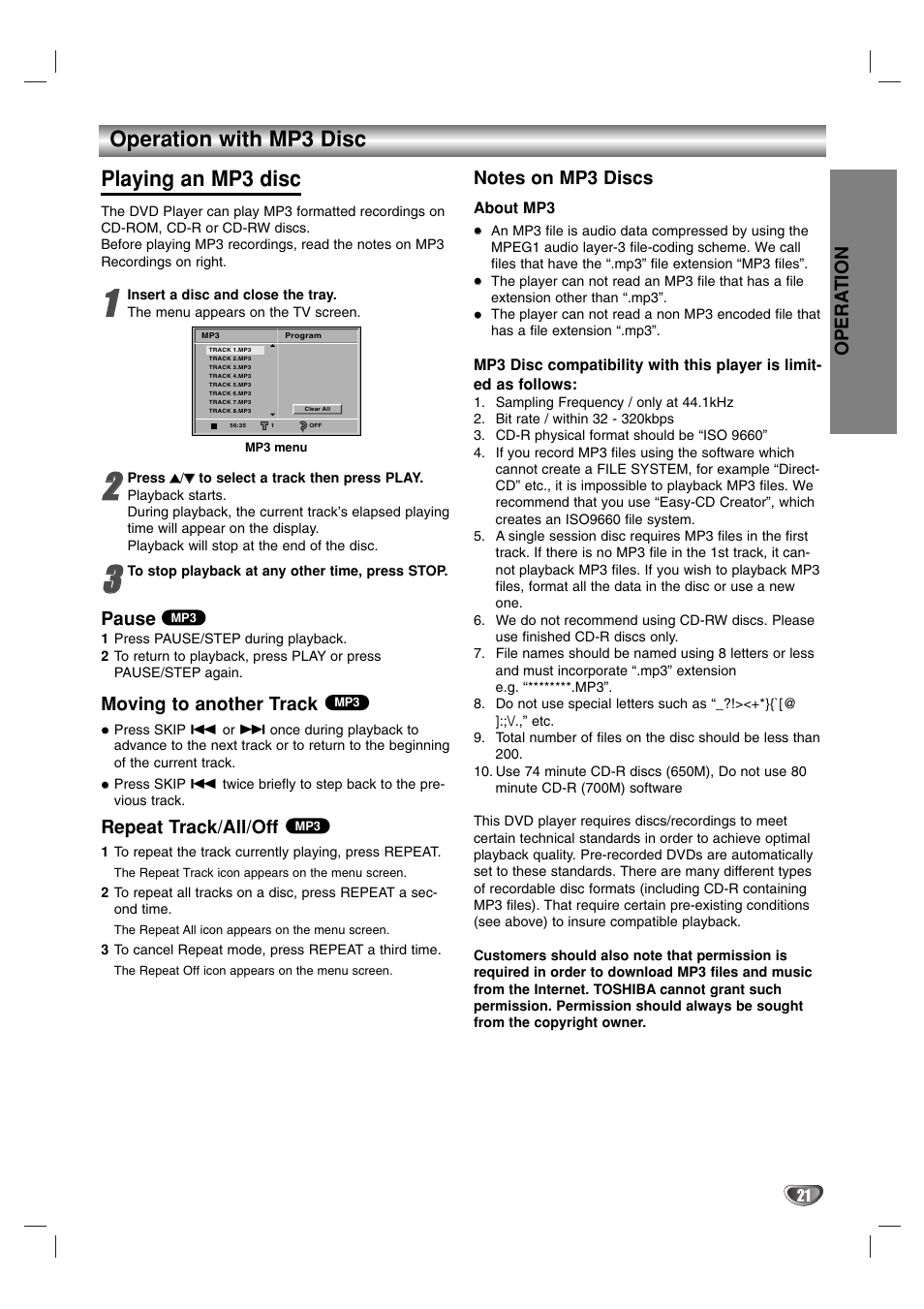 Playing an mp3 disc, Operation with mp3 disc playing an mp3 disc, Opera tion | Pause, Moving to another track, Repeat track/all/off | Toshiba SD-K615 User Manual | Page 21 / 30