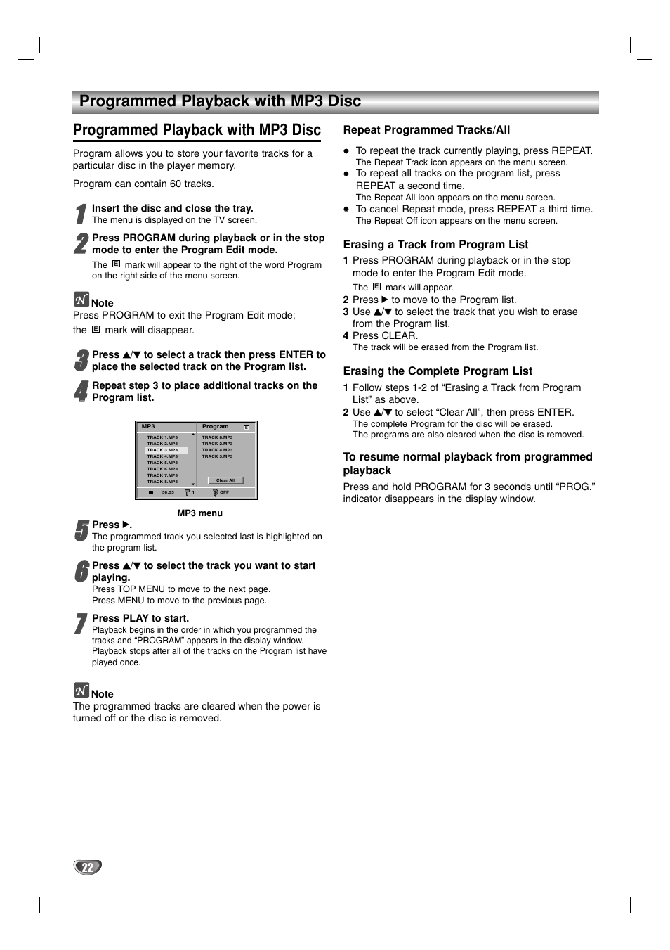 Programmed playback with mp3 disc | Toshiba SD-K615 User Manual | Page 22 / 30