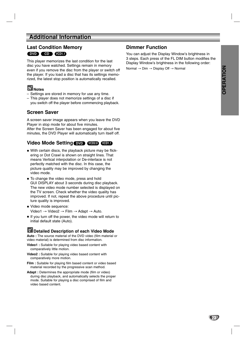 Additional information, Opera tion, Screen saver | Video mode setting, Dimmer function | Toshiba SD-K615 User Manual | Page 23 / 30