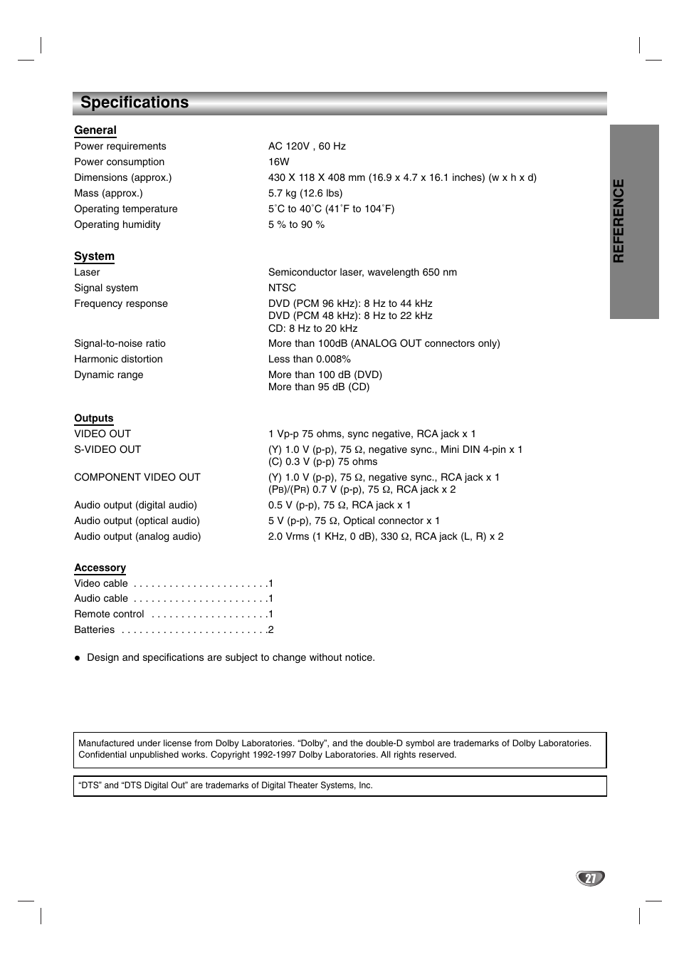 Specifications, Reference | Toshiba SD-K615 User Manual | Page 27 / 30