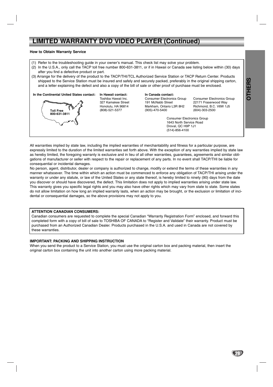 Limited warranty dvd video player (continued), Others | Toshiba SD-K615 User Manual | Page 29 / 30