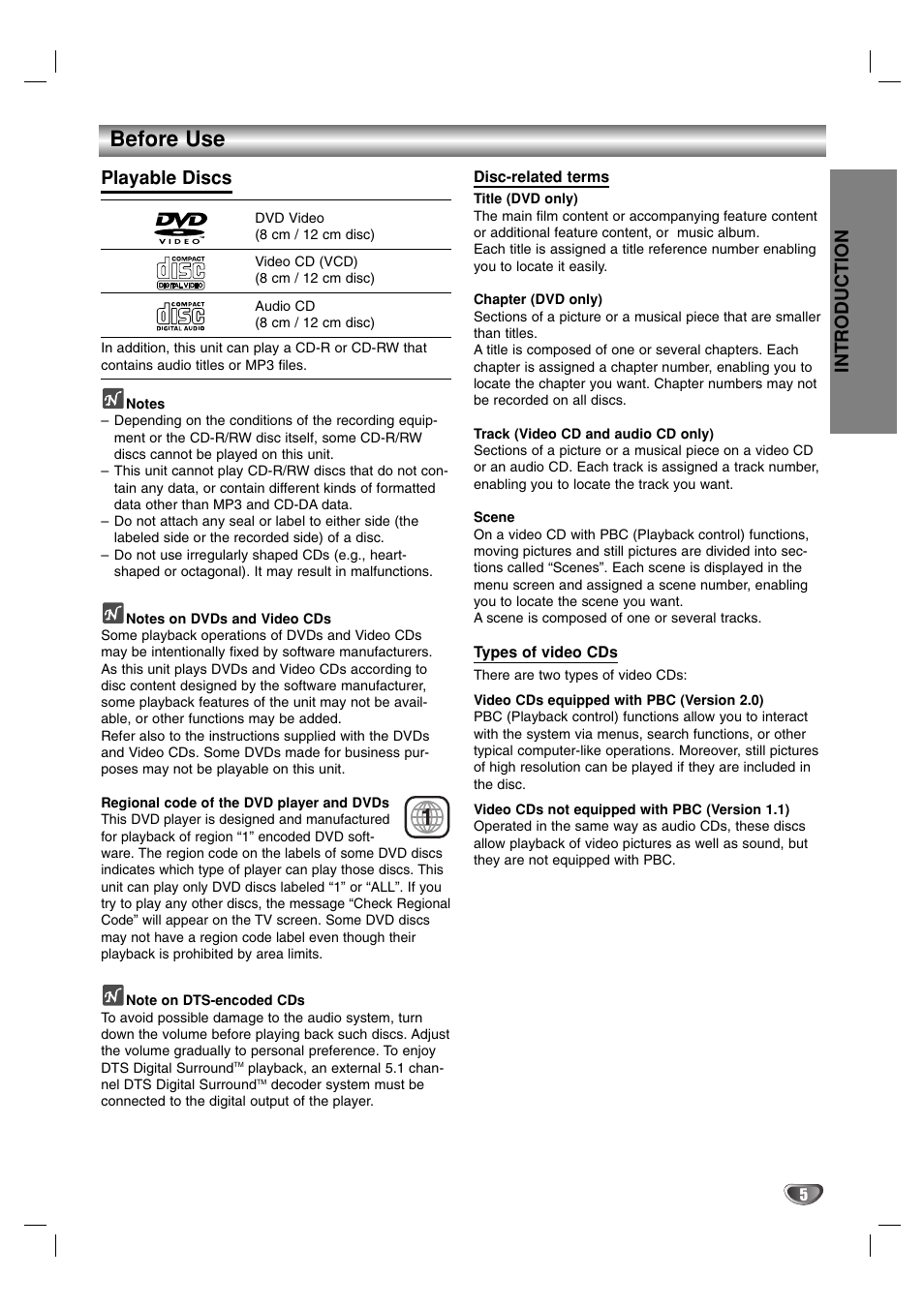 Before use, Introduction, Playable discs | Toshiba SD-K615 User Manual | Page 5 / 30