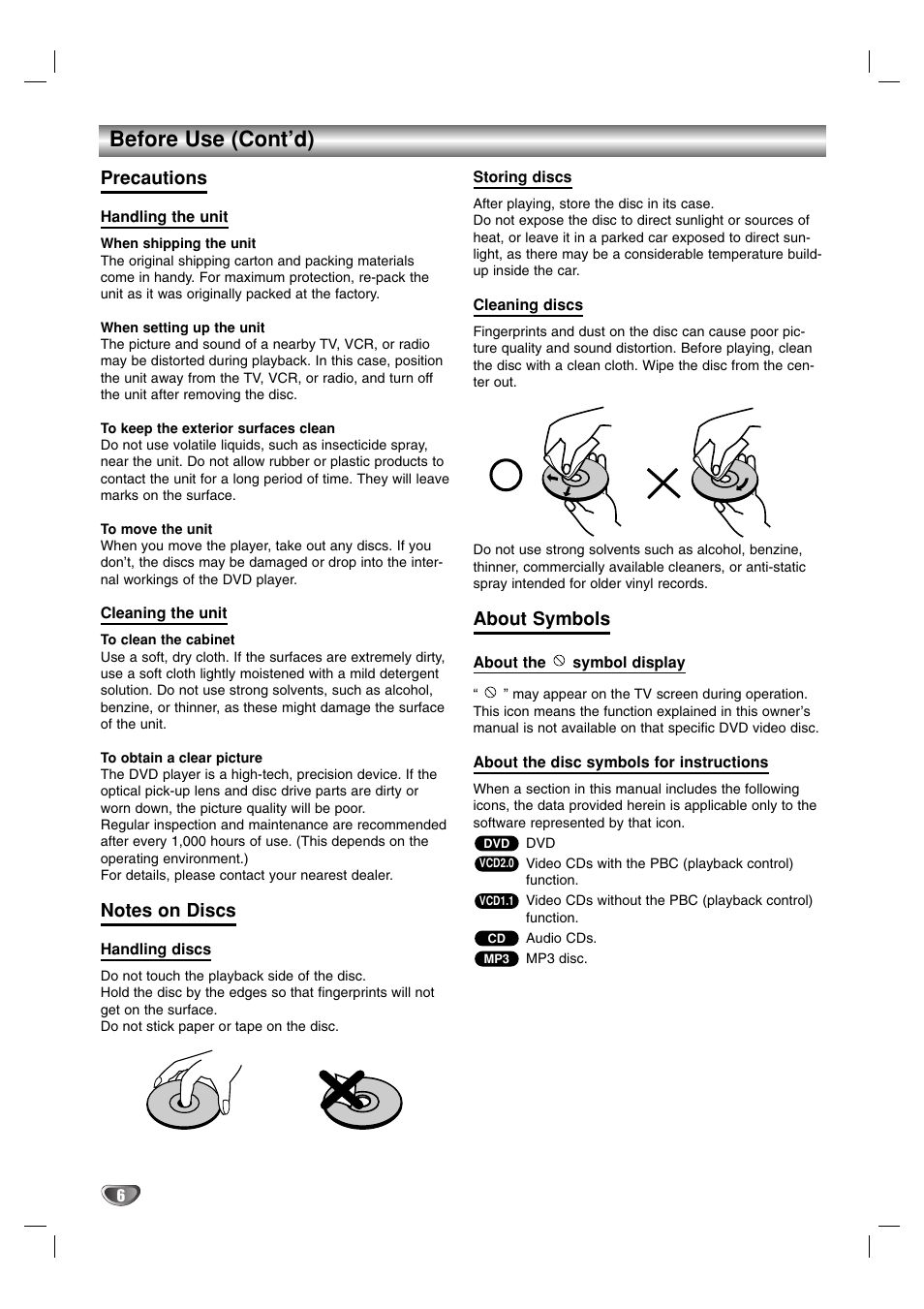 Before use (cont’d), Precautions, About symbols | Toshiba SD-K615 User Manual | Page 6 / 30