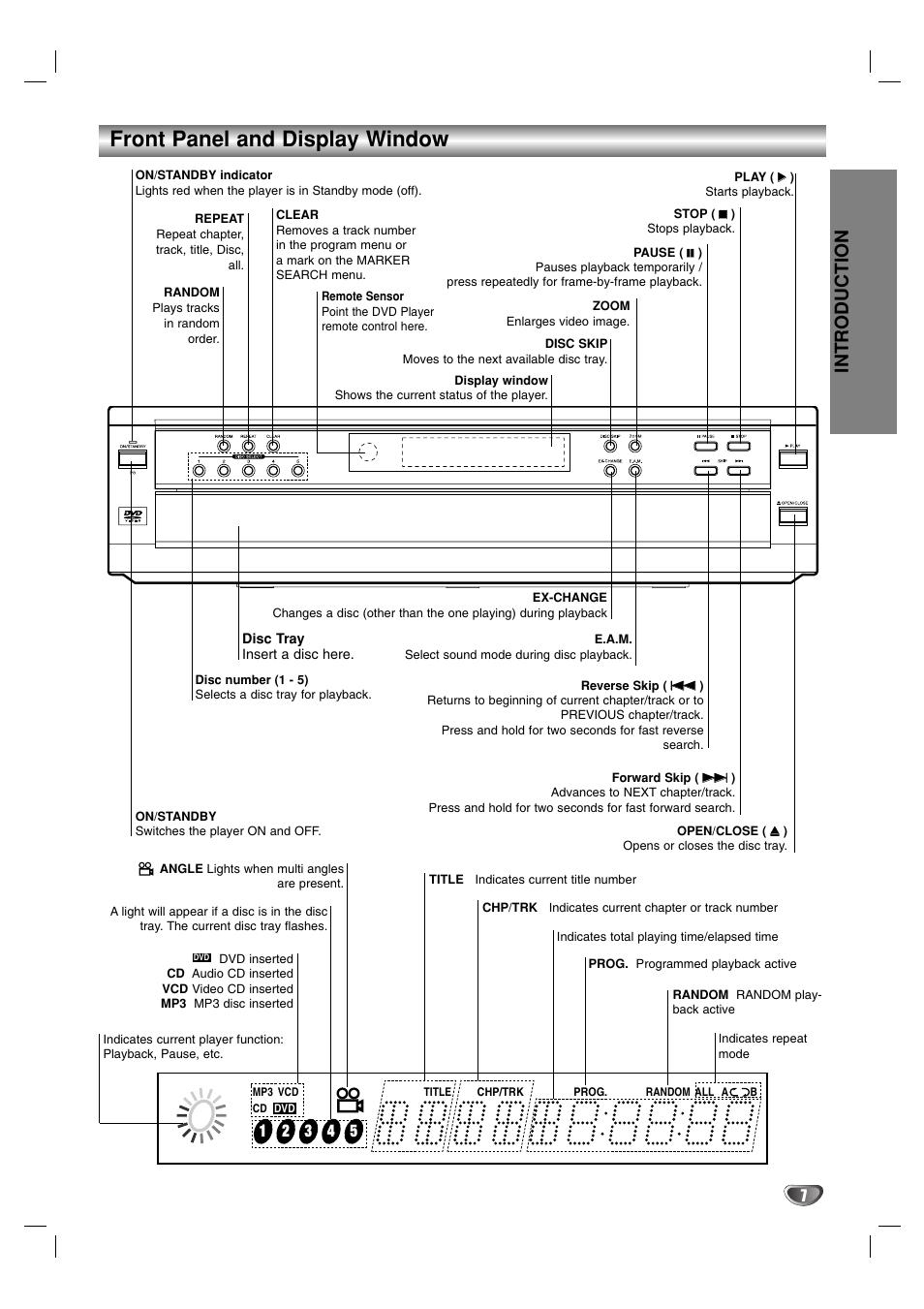 Front panel and display window, Introduction | Toshiba SD-K615 User Manual | Page 7 / 30