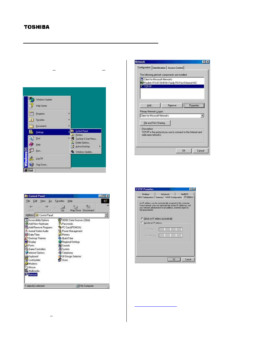 Windows network configuration | Toshiba PCX 5000 User Manual | Page 17 / 53