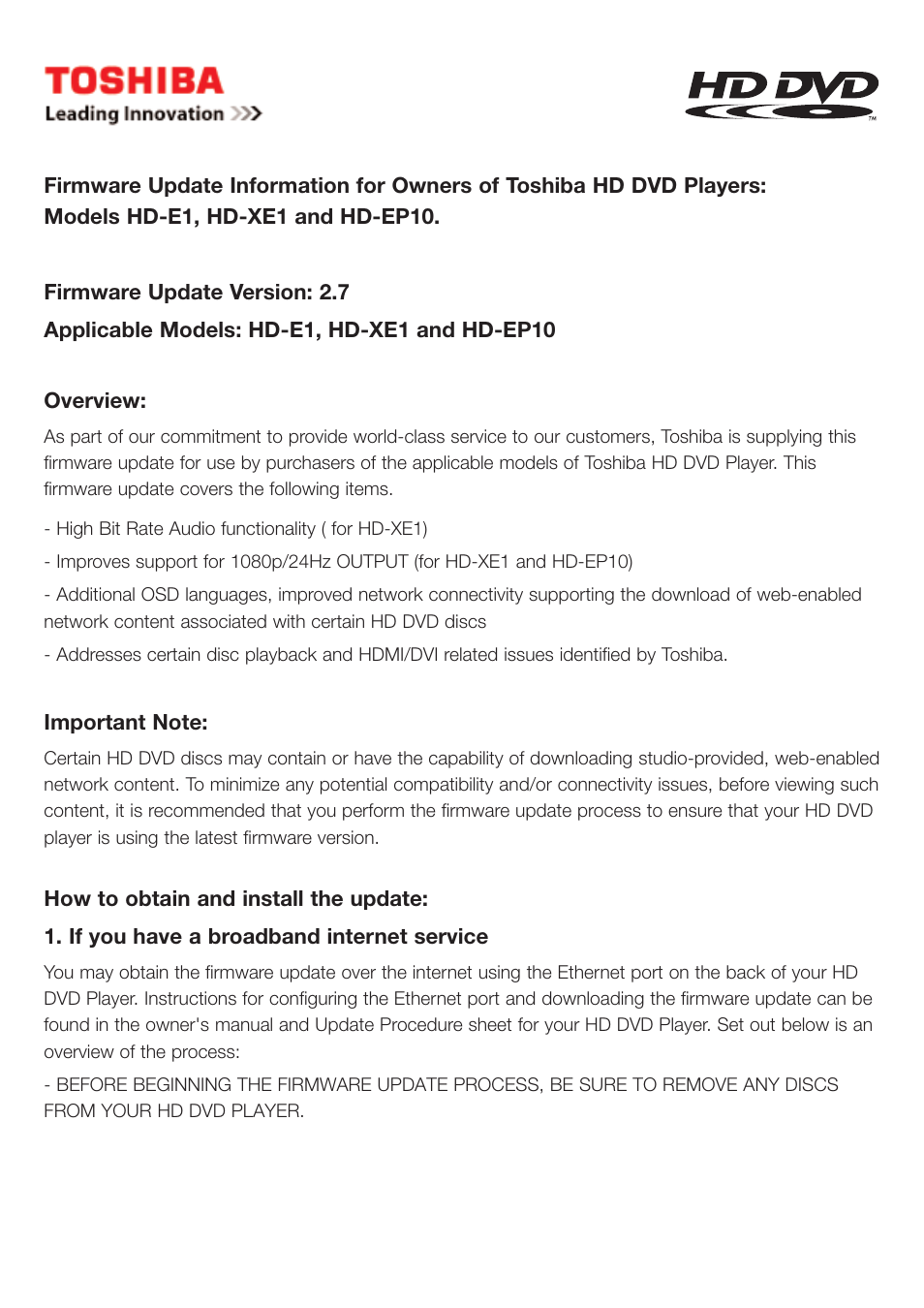 Toshiba HD-E1 User Manual | 4 pages