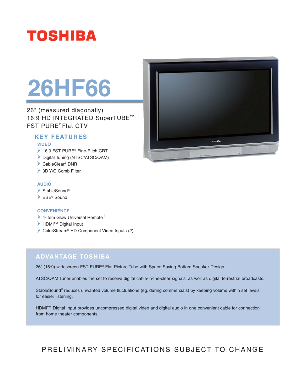 Toshiba 26HF66 User Manual | 2 pages